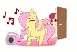 Size: 1000x666 | Tagged: safe, artist:evehly, derpibooru import, fluttershy, posey shy, pegasus, pony, animated, blank flank, colored wings, colored wingtips, cute, dancing, door, duo, evehly is trying to murder us, eyes closed, female, filly, filly fluttershy, hair over one eye, hnnng, mare, missing accessory, mother and child, mother and daughter, no glasses, parent and child, radio, shyabetes, simple background, smiling, spread wings, spying, white background, wings, younger