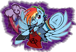 Size: 3868x2632 | Tagged: safe, artist:stormblaze-pegasus, derpibooru import, rainbow dash, pegasus, pony, alternate hairstyle, clothes, ear piercing, female, jacket, mare, multicolored hair, piercing, punk, shirt, smiling, solo, underhoof