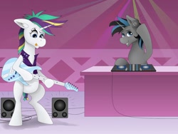 Size: 1032x774 | Tagged: safe, artist:zeronitroman, derpibooru import, rarity, oc, oc:blaze, pony, unicorn, alternate hairstyle, art trade, duo, female, guitar, male, mare, musical instrument, punk, raripunk, stallion