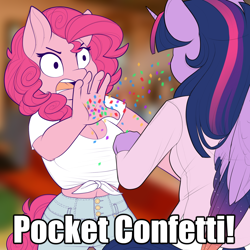 Size: 2000x2000 | Tagged: safe, artist:evehly, derpibooru import, pinkie pie, twilight sparkle, twilight sparkle (alicorn), alicorn, anthro, earth pony, belly button, blurry background, breasts, cleavage, clothes, colored wings, colored wingtips, confetti, dale gribble, female, front knot midriff, frown, glare, image macro, impact font, king of the hill, meme, midriff, open mouth, pants, pinkie pies, pocket confetti, pocket sand, shirt, text, wide eyes