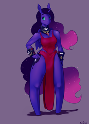 Size: 1000x1400 | Tagged: safe, artist:nivrozs, princess luna, anthro, choker, clothes, dress, looking at you, solo, tanktop, thunder thighs, venom, wristband