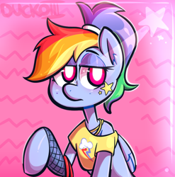 Size: 844x853 | Tagged: safe, artist:duckoiii, derpibooru import, rainbow dash, pegasus, pony, alternate hairstyle, clothes, cute, cutie mark on clothes, dashabetes, fishnets, jewelry, lidded eyes, necklace, off shoulder, ponytail, punk, short shirt, solo, stars
