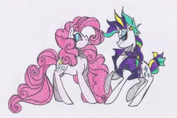 Size: 2537x1681 | Tagged: safe, artist:draw1709, derpibooru import, pinkie pie, rarity, earth pony, pony, unicorn, it isn't the mane thing about you, alternate hairstyle, punk, raripunk, traditional art
