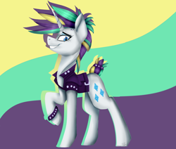 Size: 1538x1303 | Tagged: safe, artist:sayonaraf, derpibooru import, rarity, pony, unicorn, it isn't the mane thing about you, alternate hairstyle, clothes, female, jacket, mare, punk, raripunk, short hair, smiling, solo