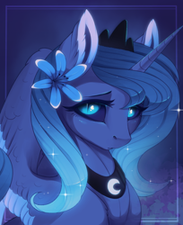 Size: 1888x2311 | Tagged: safe, artist:evehly, derpibooru import, princess luna, alicorn, pony, black sclera, cute, female, filly, flower, flower in hair, frown, looking at you, regalia, s1 luna, slit eyes, solo, younger