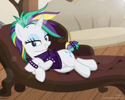 Size: 3215x2566 | Tagged: safe, artist:shutterflyeqd, derpibooru import, rarity, pony, unicorn, it isn't the mane thing about you, alternate hairstyle, draw me like one of your french girls, female, looking at you, mare, punk, raripunk, sofa, solo, titanic