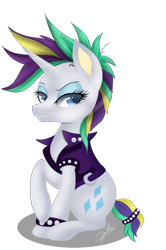 Size: 720x1084 | Tagged: safe, artist:sweetkllrvane, derpibooru import, rarity, pony, unicorn, it isn't the mane thing about you, alternate hairstyle, clothes, female, jacket, looking at you, mare, punk, raised hoof, raripunk, short hair, signature, smiling, solo