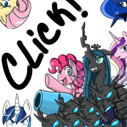 Size: 600x600 | Tagged: safe, artist:himanuts, fluttershy, pinkie pie, princess cadance, princess luna, queen chrysalis, shining armor, alicorn, changeling, changeling queen, earth pony, pegasus, pony, unicorn