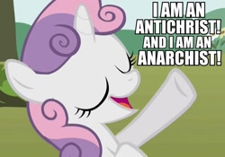 Size: 960x671 | Tagged: safe, sweetie belle, anarchy, caption, lyrics, punk, sex pistols, singing, song reference