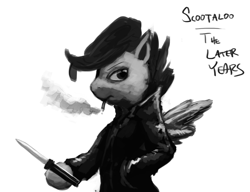 Size: 1500x1150 | Tagged: safe, artist:ninthsphere, scootaloo, black and white, grayscale, knife, older, punk, smoking, switchblade