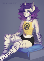 Size: 1556x2150 | Tagged: safe, artist:evehly, derpibooru import, oc, oc only, oc:nikki, anthro, hybrid, unguligrade anthro, zony, anthro oc, clothes, female, front knot midriff, jewelry, mare, midriff, necklace, pillow, shorts, tanktop