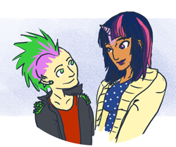 Size: 1104x921 | Tagged: safe, artist:havecrayonswilltravel, spike, twilight sparkle, horned humanization, humanized, mohawk, punk