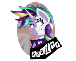 Size: 2161x1725 | Tagged: safe, artist:tehshockwave, derpibooru import, rarity, pony, unicorn, it isn't the mane thing about you, alternate hairstyle, bust, dreamworks face, ear fluff, female, grin, mare, portrait, punk, raripunk, smiling, solo