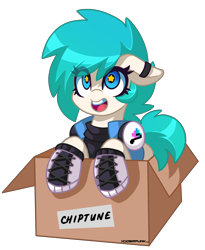 Size: 1800x2200 | Tagged: safe, artist:ciderpunk, oc, oc:chiptune, pony, adorable face, box, clothes, cute, ear piercing, earring, headphones, jewelry, piercing, punk, shoes, sparkle eyes, starry eyes, wingding eyes