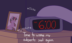 Size: 1500x908 | Tagged: safe, artist:evehly, derpibooru import, pony, alarm clock, clock, implied princess celestia, implied twilight sparkle, nightstand, offscreen character