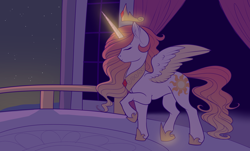 Size: 1500x908 | Tagged: safe, artist:evehly, derpibooru import, princess celestia, alicorn, pony, balcony, canterlot castle, crown, glowing horn, jewelry, magic, necklace, regalia, solo, telekinesis