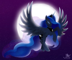Size: 1024x853 | Tagged: safe, artist:joellethenose, princess luna, alicorn, pony, eyes closed, female, flying, jewelry, mare, moon, night, regalia, signature, sky, solo, spread wings, stars, wings