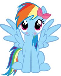 Size: 813x1013 | Tagged: dead source, safe, derpibooru import, rainbow dash, pegasus, pony, apple bloom's bow, blushing, bow, c:, cute, dashabetes, girly, hair bow, looking at you, simple background, sitting, smiling, solo, spread wings, tomboy taming, transparent background, vector