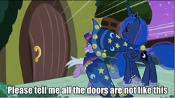 Size: 641x359 | Tagged: safe, edit, edited screencap, screencap, princess luna, star swirl the bearded, twilight sparkle, alicorn, pony, unicorn, luna eclipsed, female, final fantasy, hub logo, image macro, mare