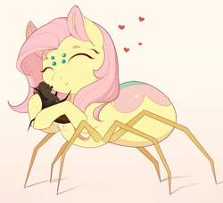 Size: 1809x1649 | Tagged: safe, artist:evehly, derpibooru import, fluttershy, fly, monster pony, original species, spiderpony, cute, eyes closed, floating heart, heart, hug, shyabetes, species swap, spidershy