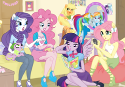 Size: 1000x700 | Tagged: dead source, safe, artist:elenaboosy, applejack, fluttershy, pinkie pie, rainbow dash, rarity, spike, trixie, twilight sparkle, dog, equestria girls, alternative cutie mark placement, bedroom, cellphone, eqg promo pose set, equestria girls prototype, facial cutie mark, girly, gossip, interior, magazine, makeup, mane seven, mane six, mirror, phone, ponied up, spike the dog, tomboy taming