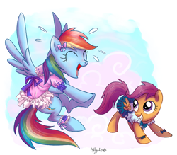 Size: 900x790 | Tagged: safe, artist:yulyeen, derpibooru import, rainbow dash, scootaloo, pegasus, pony, clothes, cute, cutealoo, dress, dressup, fancy, female, girly, kallisti, laughing, rainbow dash always dresses in style, scootalove, tomboy taming