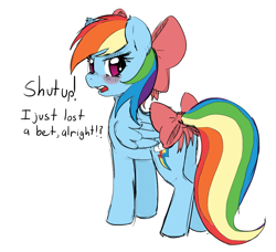 Size: 750x684 | Tagged: safe, artist:allosaurus, artist:mewball, derpibooru import, rainbow dash, pegasus, pony, bet, blushing, bow, cute, dashabetes, dialogue, embarrassed, female, girly, hair bow, looking at you, looking back, mare, open mouth, rainbow dash always dresses in style, simple background, solo, tail bow, tomboy taming, tsundere, white background