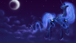 Size: 1366x768 | Tagged: safe, artist:laweegie, princess luna, alicorn, pony, cloud, cloudy, moon, night, solo, wallpaper