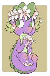 Size: 2128x3220 | Tagged: safe, artist:swampyfish, spike, dragon, baby, baby dragon, blushing, colored pupils, cute, floral head wreath, flower, girly, green eyes, heart eyes, male, petals, simple background, solo, spikabetes, wingding eyes