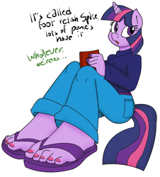 Size: 2248x2491 | Tagged: safe, artist:sweethd, edit, spike, twilight sparkle, anthro, plantigrade anthro, book, clothes, colored, feet, flip-flops, foot fetish, foot focus, jeans, nail polish, pants, sandals, solo, toenails, toes