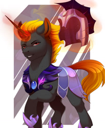 Size: 1280x1562 | Tagged: safe, artist:evehly, derpibooru import, oc, oc only, oc:shadowed ember, pony, unicorn, armor, glowing horn, helmet, magic, male, night guard, solo, stallion