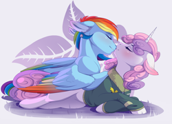 Size: 2248x1621 | Tagged: safe, artist:evehly, derpibooru import, rainbow dash, sweetie belle, pegasus, pony, unicorn, alternate hairstyle, bomber jacket, clothes, commission, ear piercing, earring, eyes closed, female, jacket, jewelry, lesbian, mare, nose kiss, older, older sweetie belle, piercing, shipping, smiling, snuggling, sweetiedash