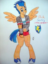 Size: 774x1032 | Tagged: safe, artist:sangee-13-neuroy, flash sentry, anthro, pegasus, booty shorts, cheerleader, cheerleader outfit, crossdressing, femboy, girly, male, solo, traditional art, wide hips