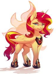 Size: 2000x2642 | Tagged: safe, artist:evehly, derpibooru import, sunset shimmer, alicorn, pony, alicornified, commission, cutie mark background, female, hoof shoes, mare, peytral, race swap, regalia, shimmercorn, simple background, solo, white background