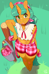 Size: 1280x1919 | Tagged: safe, artist:pijinpyon, snails, anthro, unicorn, belly button, blushing, bucket, clothes, crossdressing, freckles, girly, glitter shell, grass, looking at you, male, outdoors, solo, trans girl, transgender, trap