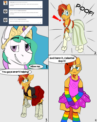 Size: 1550x1943 | Tagged: safe, artist:starrypallet, princess celestia, sunburst, alicorn, pony, ask, ask princess sunburst, clothes, crossdressing, dress, female, girly, glasses, male, rainbow socks, skirt, socks, stallion, striped socks, text, trollestia, tumblr