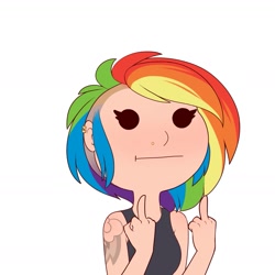 Size: 1413x1413 | Tagged: safe, artist:evehly, derpibooru import, rainbow dash, human, :t, clothes, double deuce, ear piercing, earring, female, fuck you, human coloration, humanized, jewelry, middle finger, piercing, simple background, tattoo, vulgar, white background