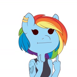 Size: 1413x1413 | Tagged: safe, artist:evehly, derpibooru import, rainbow dash, anthro, :t, clothes, ear piercing, earring, female, jewelry, middle finger, piercing, profane, simple background, tattoo, vulgar, white background