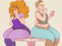 Size: 1280x952 | Tagged: safe, artist:sundown, adagio dazzle, applejack, human, adagio dat-azzle, applebucking thighs, applebutt, ass, butt, cleavage, dazzlejack, eating, female, food, freckles, humanized, ice cream, lesbian, scar, shipping, sparkles, thighs, thunder thighs, wide hips