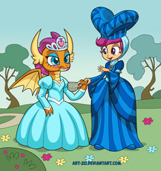 Size: 992x1052 | Tagged: safe, artist:art-2u, scootaloo, smolder, dragon, equestria girls, clothes, cup, cute, cutealoo, dragoness, dress, duo, female, girly, lipstick, princess smolder, smolder also dresses in style, smolderbetes, teacup, tomboy taming