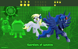 Size: 1920x1200 | Tagged: safe, derpy hooves, princess luna, alicorn, pegasus, pony, adventure time, crossover, female, gamer luna, mare, pixiv