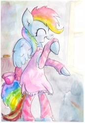 Size: 1280x1849 | Tagged: safe, artist:mandumustbasukanemen, derpibooru import, rainbow dash, pegasus, pony, clothes, dress, girly, solo, tomboy taming, traditional art