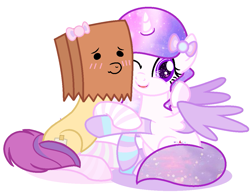 Size: 1139x881 | Tagged: safe, artist:pastelswirlheartowo, oc, oc:paper bag, alicorn, pony, alicorn oc, base used, bow, clothes, girly, hug, paper bag, simple background, socks, striped socks, white background