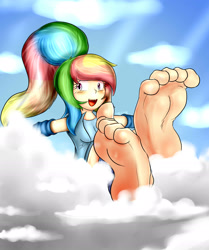 Size: 1759x2104 | Tagged: safe, artist:xptzstudios, rainbow dash, human, alternate hairstyle, barefoot, cloud, cloudy, cute, dashabetes, feet, foot fetish, foot focus, humanized, soles, solo, toes