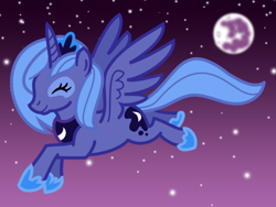 Size: 640x480 | Tagged: safe, artist:tim-kangaroo, princess luna, alicorn, pony, eyes closed, flying, moon, solo