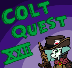 Size: 640x600 | Tagged: safe, artist:ficficponyfic, oc, oc only, oc:emerald jewel, earth pony, pony, amulet, card, child, clothes, colt, colt quest, cowboy, cowboy hat, cute, cyoa, femboy, foal, girly, gun, hair over one eye, hat, logo, male, overcoat, playing card, recap, red dead redemption, scarf, solo, title, trap, weapon, young