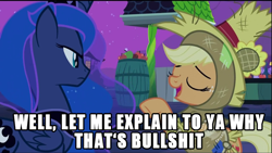 Size: 640x360 | Tagged: safe, applejack, princess luna, alicorn, earth pony, pony, female, horn, image macro, mare, reaction image