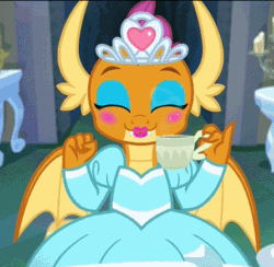 Size: 446x436 | Tagged: safe, screencap, smolder, dragon, what lies beneath, animated, blushing, candlestick, claws, clothes, cropped, cup, cute, dragon wings, dragoness, dress, eyes closed, eyeshadow, fangs, female, food, giggling, girly, happy, jewelry, lipstick, looking at you, makeup, nightmare cave, open mouth, princess smolder, smiling, smolderbetes, solo, tea, tea party, teacup, teeth, tiara, wings