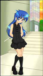Size: 3685x6462 | Tagged: safe, artist:derpyramone, flash sentry, oc, oc:felicity sentry, human, absurd file size, absurd resolution, city, clothes, crossdressing, cute, femboy, girly, humanized, light skin, looking at you, male, miniskirt, not rule 63, pleated skirt, shoes, skirt, socks, solo, street, translation request, trap