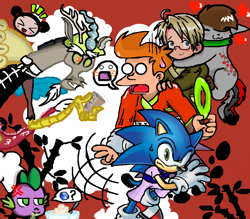 Size: 800x700 | Tagged: safe, artist:therealfry1, discord, spike, oc, dragon, chinese new year, crossover, futurama, hetalia, philip j. fry, pucca, sonic the hedgehog, sonic the hedgehog (series), united states
